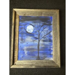 Rustic Framed Original "Moonlit Tree" Canvas Painting Art